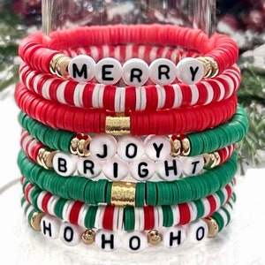 Holiday Heishi Bracelet, Custom Word Bracelet, Heishi Disc Beaded Bracelet, Stocking Stuffer, Christmas Bracelet, Teacher Gift
