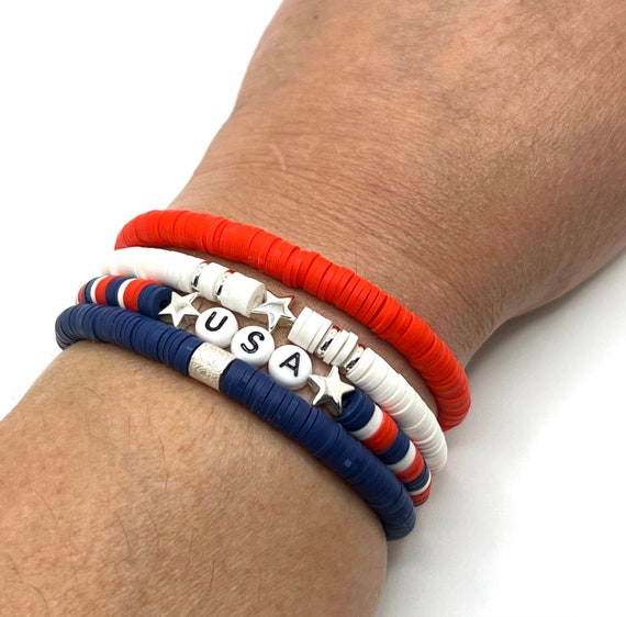 Patriotic American Flag Bracelet - Red White & Blue Stretch Bracelet For 4th Of July, Veterans Day, Men & Women