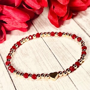 Valentines Bracelet, Gold Heart  Bracelet, Valentines Gift, Red and Gold Bracelet, Beaded Bracelet, 18K Gold Plated, Stackable Bracelet