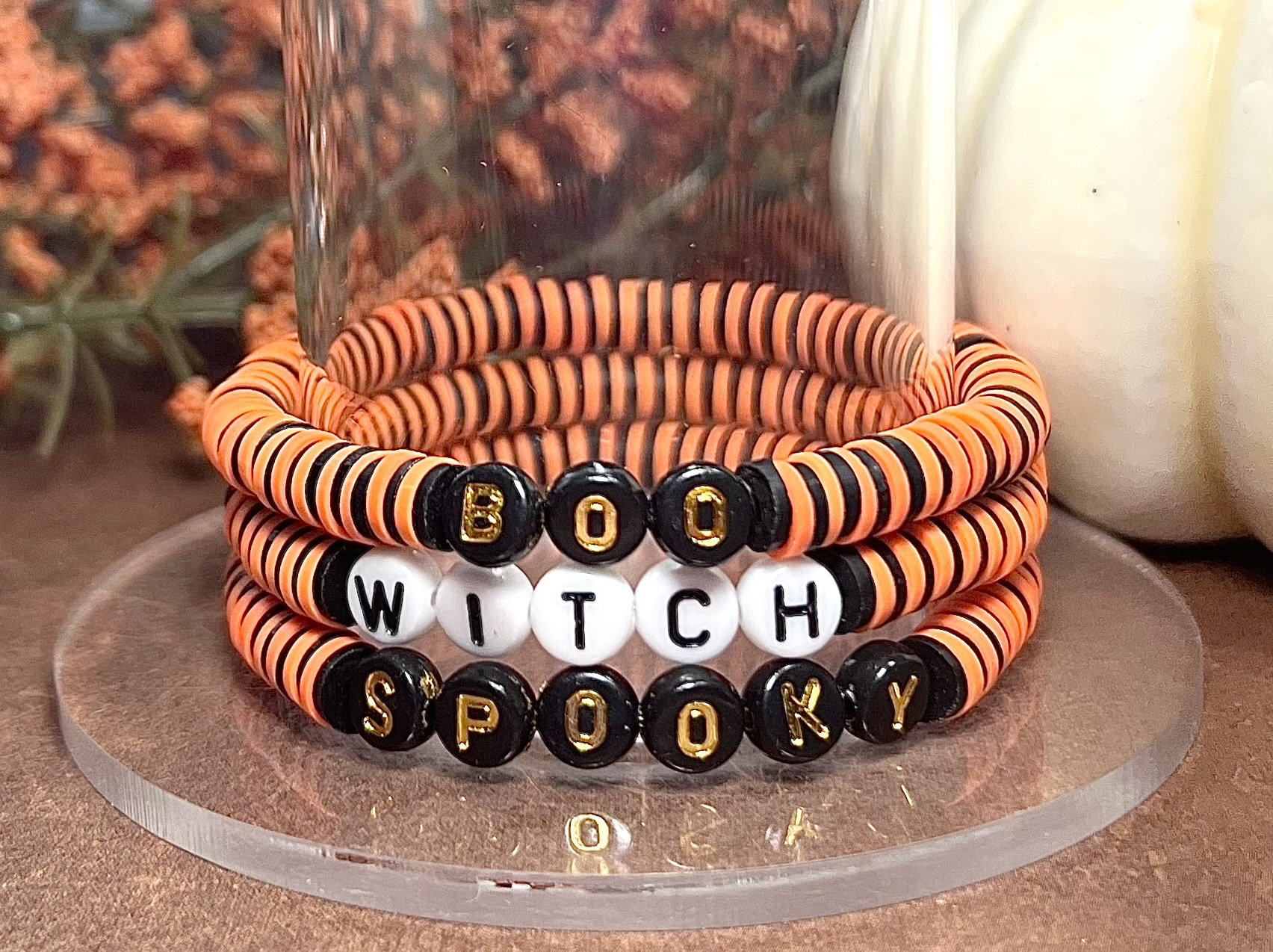 Disney Halloween Clay Bead Bracelet. Says Boo, Orange and Black Clay Beads