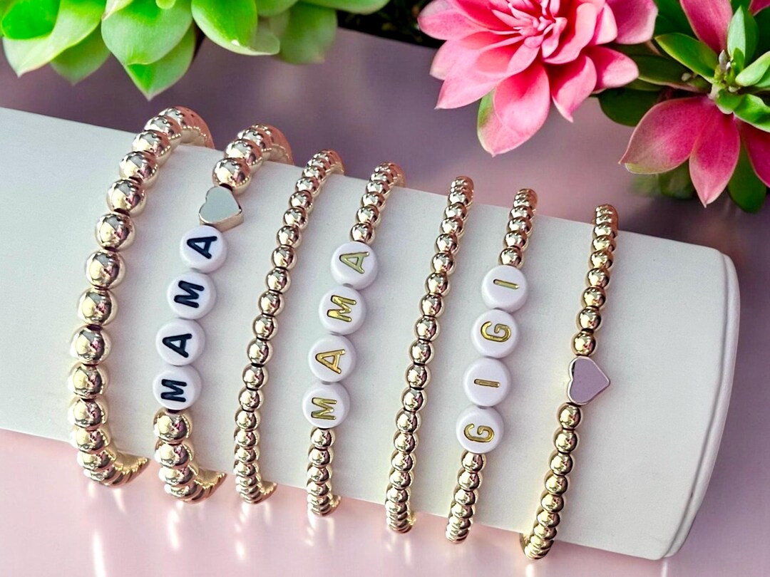 Personalized Gold Beaded Name Bracelet, Custom Stackable Word Bracelet ...