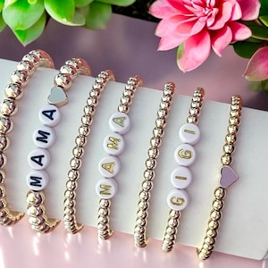Personalized Name Bracelet, Gold Beaded Bracelet, Custom Bracelet, Stackable, Personalized Gift, Stretchy, Mama Bracelet, Word Bracelet