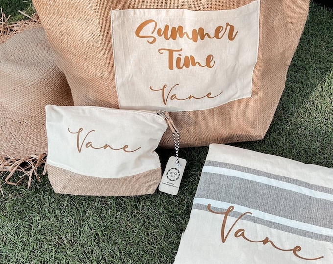 PERSONALIZED BEACH PACK pareo wedding toiletry bag summer gift name original jute cotton eco
