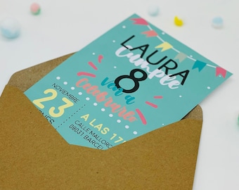 Children's PARTY INVITATION includes kraft envelope PERSONALIZED birthday celebrate