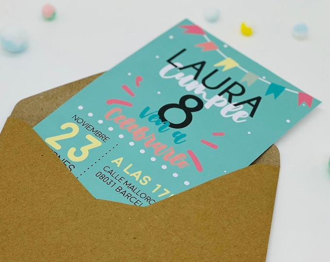 Children's PARTY INVITATION includes kraft envelope PERSONALIZED birthday celebrate