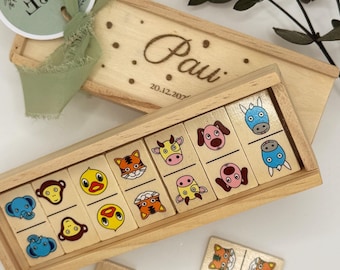 Wooden domino set for children's parties, weddings, communions, and birthdays.