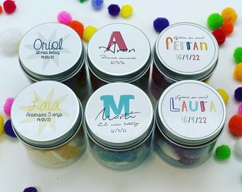 JAR plastic jar BIRTHDAY PERSONALIZED sticker communion guests gift detail