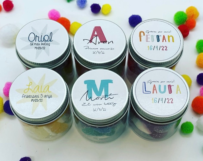 JAR plastic jar BIRTHDAY PERSONALIZED sticker communion guests gift detail