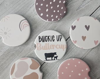 Cow Ceramic Car Coasters|Cup Holder Coasters|Cute Car Accessory|New Car Gift|Sweet 16 Gift|Set of 2 Car Coasters|Rainbow|Hearts|Animal Lover