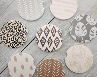 Neutral Ceramic Car Coasters|Leopard Safari Car Coasters|Cup Holder Coasters|Car Accessory|Boho Minimalist Car Accessory|Plant Lover Gift