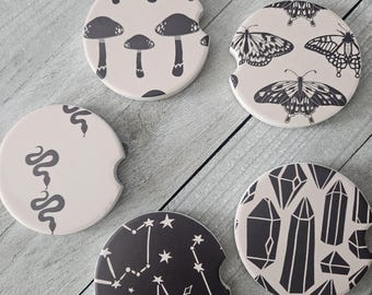 Ceramiczne podstawki pod samochód w stylu czarownic | Gotycki i niebiański wystrój samochodu | Estetyka mistycznego grzyba i węża | Podkładki pod kubek | Prezent na nowy samochód | Prezent w stylu boho