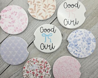 Good Girl Ceramic Car Coasters|Bow Car Accessory|Cup Holder Coasters|Cute Car Accessory|New Car Gift|Sweet 16 Gift|Set of 2 Car Coasters