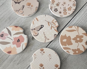 Floral Ceramic Car Coasters|Cup Holder Coaster|Cute Car Accessory|New Car Gift|Sweet 16 Gift|Set of 2 Car Coasters|Boho Gift|Butterfly Decor