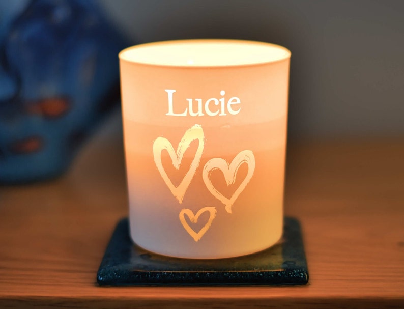 Personalised scented soy candle, custom lid, add a name to the front and a message to the back, bereavement candle, perfect Birthday Gift image 1