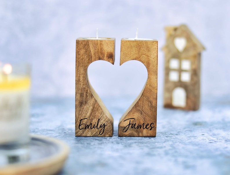 Rustic, Personalised Engraved Wood Candle Holder Custom Tealight Holder gift for Couple, Handmade in Cornwall, Housewarming Bereavement Gift image 1
