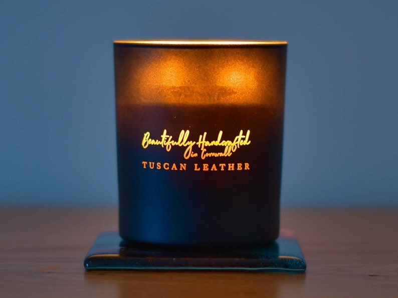 Personalised Leather Anniversary Soy Glass Candle, Custom Candle & Lid, Add Your Message, Perfect 3rd Anniversary Gift, Your Message Glows. image 1