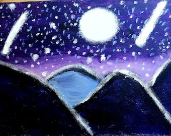 Full Moon Art, Nightscape, Night Painting, Mountain Art, Mountains at Night, Starry Art, Starry Sky, Purple and Blue, Night Sky