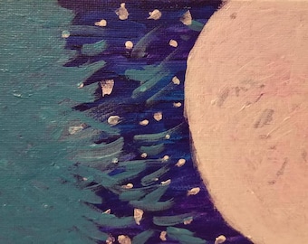 Peinture de lune, nuit étoilée, art de nuit, peinture de pleine lune, nuages et étoiles, art nocturne, nuages dérivants, acrylique sur la toile