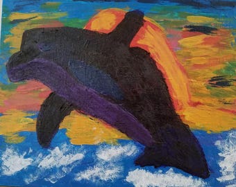 Dolphin art, Dolphin painting, Jumping dolphin, Ocean art, Seascape, Joyful dolphin, Swimming dolphin, Sea art, Water art, Splashing dolphin