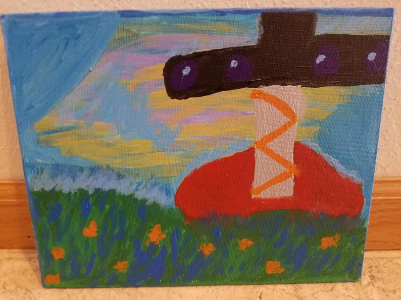 May include: A painting of a red and white sword with a black handle, set against a blue and yellow sky with green grass and orange flowers at the bottom.