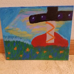 May include: A painting of a red and black mushroom with a white stem and orange stripes. The mushroom is in a field of green grass with blue flowers and orange dots.