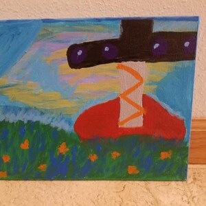 May include: A painting of a red and orange abstract shape with a black and purple shape on top. The background is a blue sky with yellow and white clouds. The bottom of the painting is a green field with orange flowers.