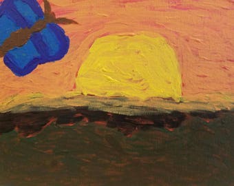 Butterfly painting, Nature art, Sunrise painting, Blue butterfly, Butterfly at sunrise, Morning art, Dawn painting, Golden sunrise