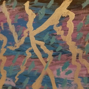 May include: Abstract painting with gold, blue, teal, pink, and purple brushstrokes on a black background.