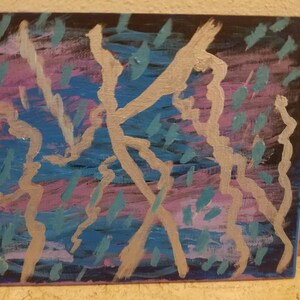 May include: Abstract painting on canvas with silver, blue, and purple paint. The painting features a series of lines and shapes that create a dynamic and energetic composition.