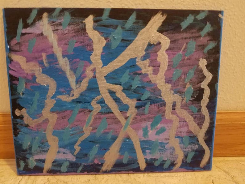 May include: Abstract painting on canvas with silver, blue, and purple paint. The painting features a series of lines and shapes that create a dynamic and energetic composition.