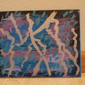 May include: Abstract painting on canvas with silver, blue, and purple paint. The painting features a series of lines and shapes that create a dynamic and energetic composition.