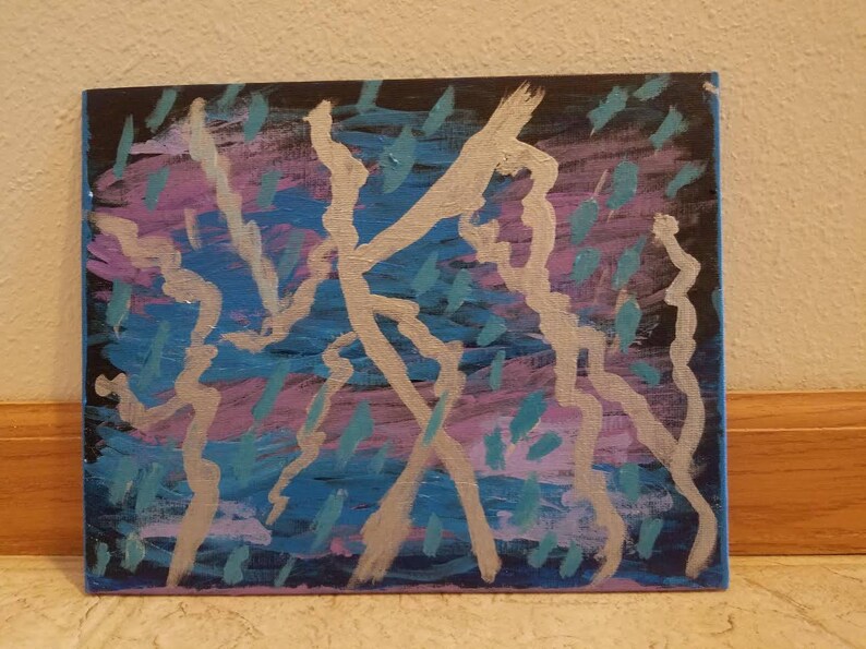May include: Abstract painting on canvas with silver, blue, and purple paint. The painting features a series of lines and shapes that create a dynamic and energetic composition.