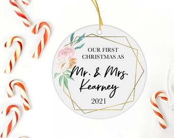Our First Christmas Married Personalized Ornament 2025 - floral | Christmas gift | newly wed gift | engagement gift
