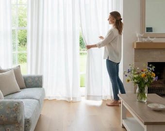 Off-White Linen Pencil Pleat Semi-Sheer Curtains (Pair)