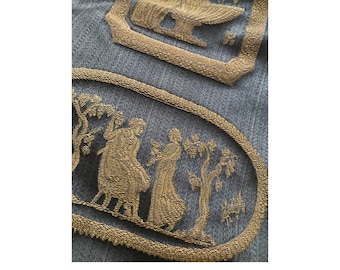 Impresionante tela con diseño griego antiguo, tela azul y dorada para cortinas y tapicería
