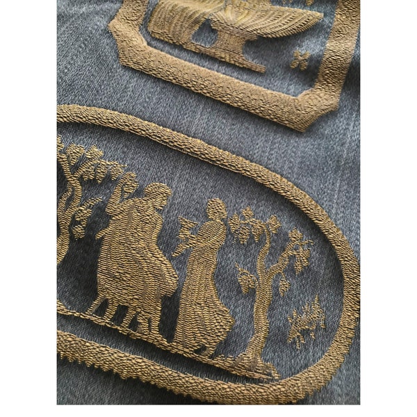 Splendido tessuto con design greco antico, tessuto blu e oro per tende e tappezzeria