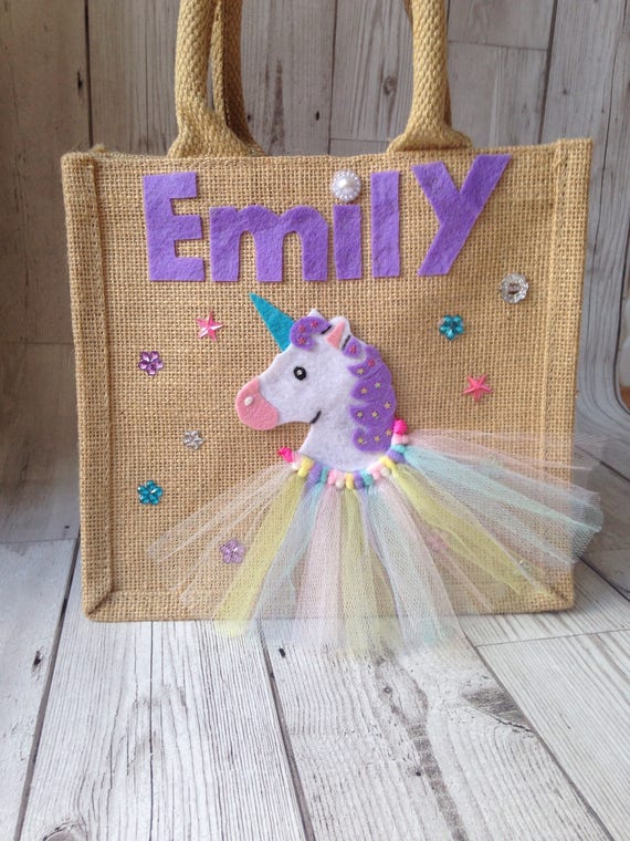 A Personalised Beautiful Handmade Rainbow Unicorn Jute Bag Perfect gift  for any little Birthday, special occasion or Accessory