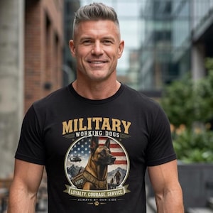 May include: Black t-shirt with the words "MILITARY WORKING DOGS" in gold lettering. The shirt features a graphic of a dog in front of an American flag, with the words "LOYALTY, COURAGE, SERVICE" below.