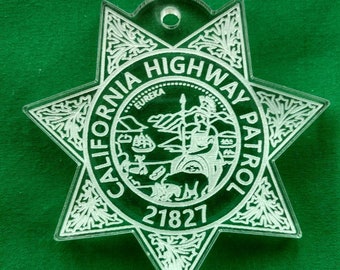 California Highway patrol acrylic Christmas ornament. CHP badge