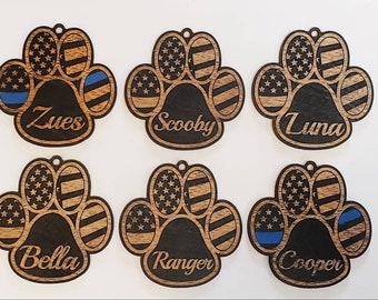 Patriotic Personalized Dog Paw Print laser cut Christmas ornament with American flag Police K9