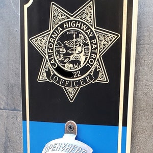 Personalized California Highway Patrol Wood Bottle Opener: Laser Engraved with Magnetic Catch