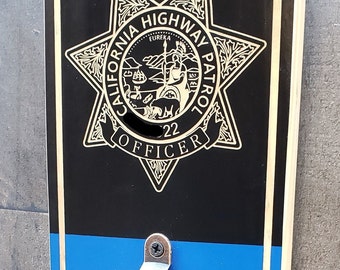 Personalized California Highway Patrol Wood Bottle Opener: Laser Engraved with Magnetic Catch