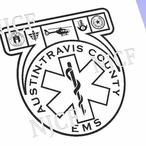 May include: Black and white Austin-Travis County EMS logo. The design includes a star of life symbol, a helicopter, and other emblems, with the text "Austin-Travis County EMS".