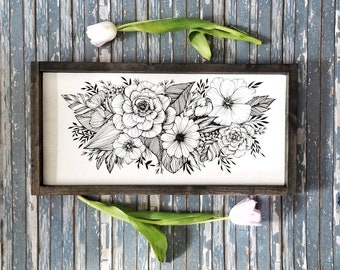 Floral Wall Art // Freehand Illustrated Flowers // Floral Art // Flower Sign // Botanical Drawing // Flower Decor