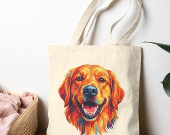 Colorful Rainbow Golden Retriever Art Tote Bag - Vibrant Happy Goldie Face Gift for Dog Lover