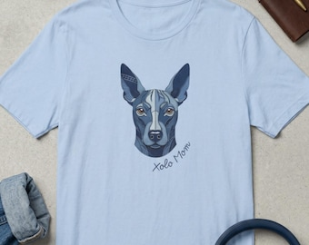 Xoloitzcuintli Shirt, Faux Denim Patchwork Graphic Tee, Mexican Hairless Dog Mom Gift