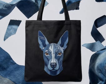 Xoloitzcuintli Tote Bag, Faux Denim Patchwork Art Print, Mexican Hairless Dog Tote