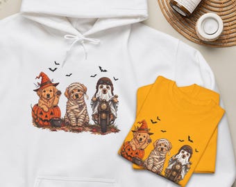 Golden Retriever Halloween Trio Shirt, Witch Mummy Ghost Biker Puppies. Family Matching Gift