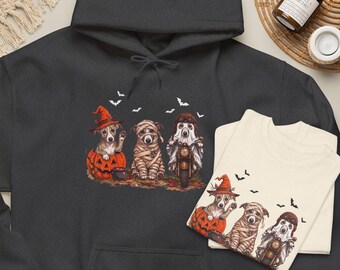 Cute Whippet Dog Halloween Trio Shirt, Witch Mummy Ghost Biker Puppies. Family Matching Gift