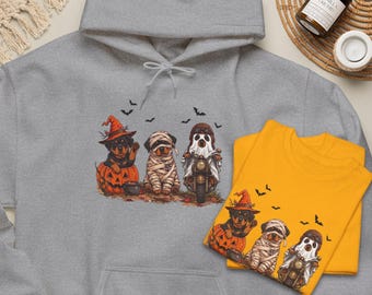 Rottweiler Dog Halloween Trio Shirt, Witch Mummy Ghost Biker Puppies. Family Matching Gift